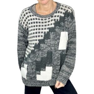 Vintage grey geometric leather applique grandpa sweater S